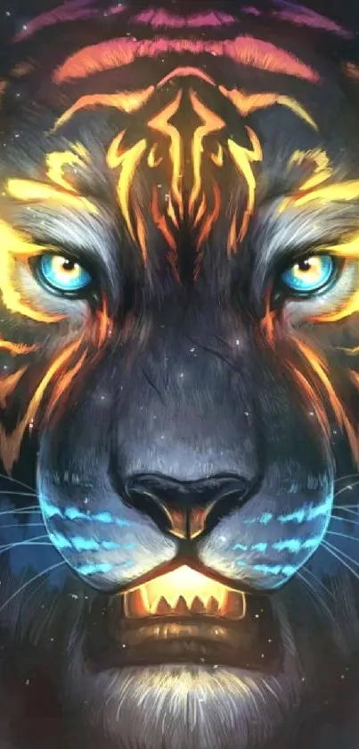 Vibrant neon tiger face wallpaper art in dark hues.