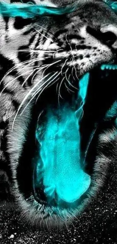 Neon-effect tiger roaring with vibrant teal glow.