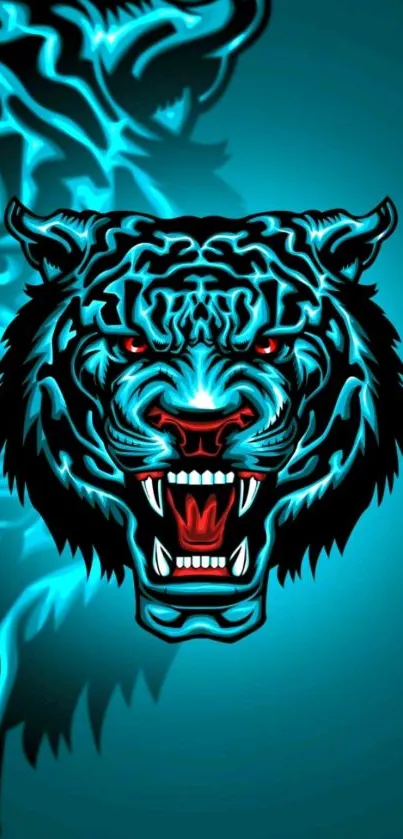 Fierce neon tiger face on electric blue background.