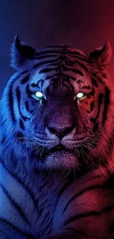 Neon-lit tiger with blue and red hues.