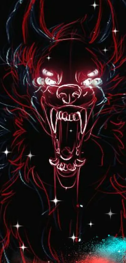 Neon wolf design with glowing red and blue hues on a black background.