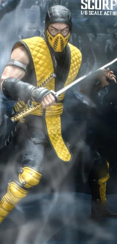 Ninja warrior in yellow armor with sword in a smoky setting.