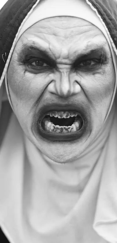 Fierce nun in black-and-white horror wallpaper.