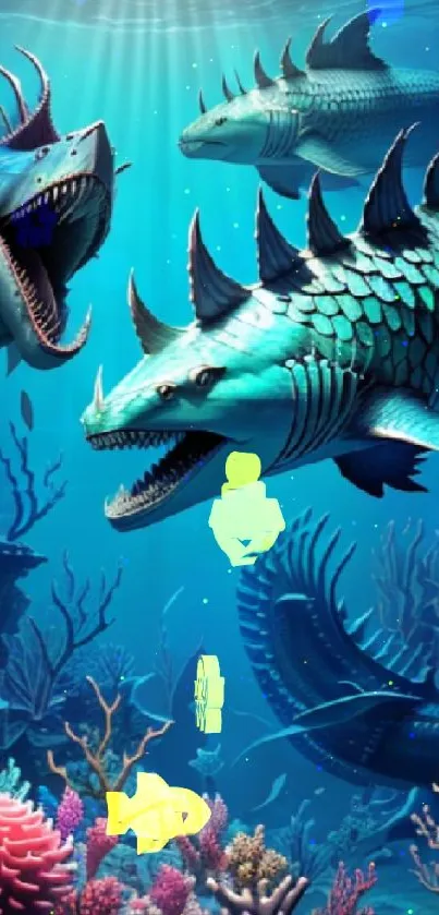 Fierce aquatic creatures swim among vibrant corals in this fantasy wallpaper.