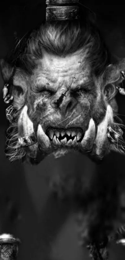 Fierce orc warrior's face in grayscale art.