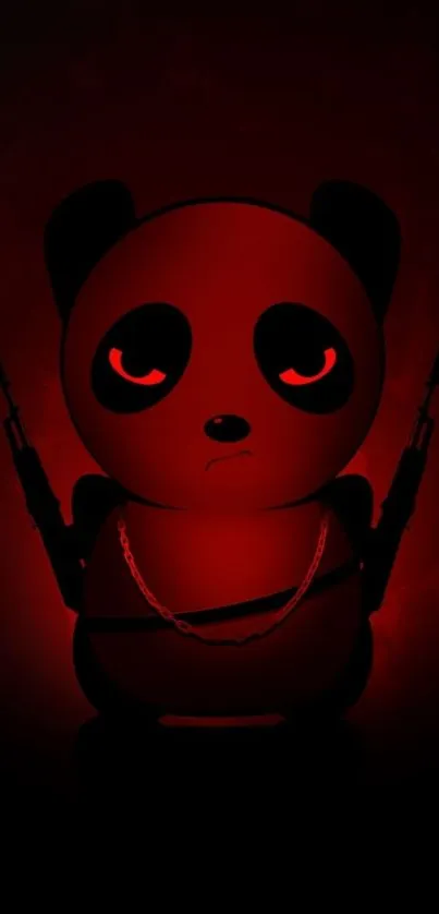 Fierce panda in red glow holding guns.