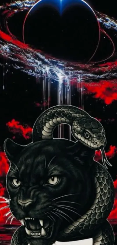 Panther and snake under cosmic phenomenon wallpaper