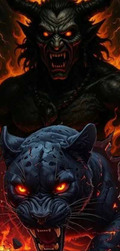 Fierce panther and demon illustration in fiery colors for mobile wallpaper.