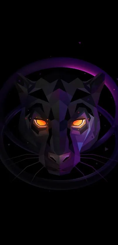 Dark geometric panther design with purple highlights on a black background wallpaper.