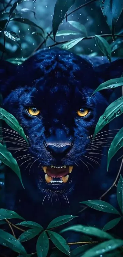 Panther in dense jungle with green leaves.