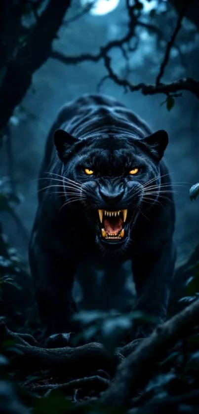 Fierce black panther in a dark jungle setting.