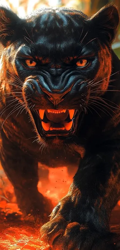 Fierce panther in jungle scene with orange backdrop.