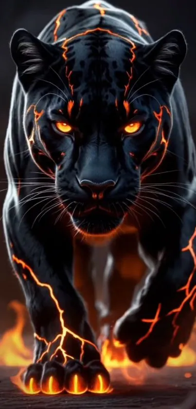 Fierce black panther with fiery accents.