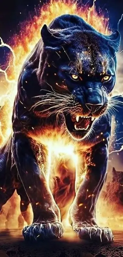 Fierce black panther with lightning in background.