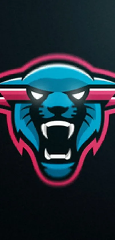 Vibrant panther logo in blue and pink colors on a dark background.