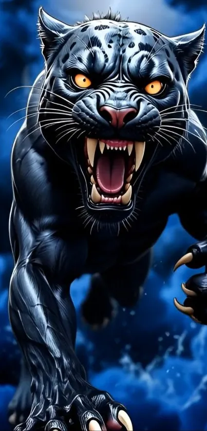 Fierce panther with intense gaze in blue-toned artwork.