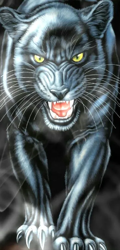 Fierce panther with sharp claws on a black background for mobile wallpaper.