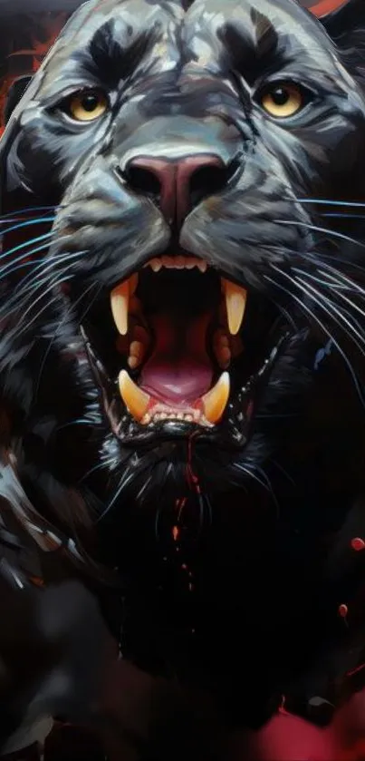 Roaring black panther with open mouth on fiery background.