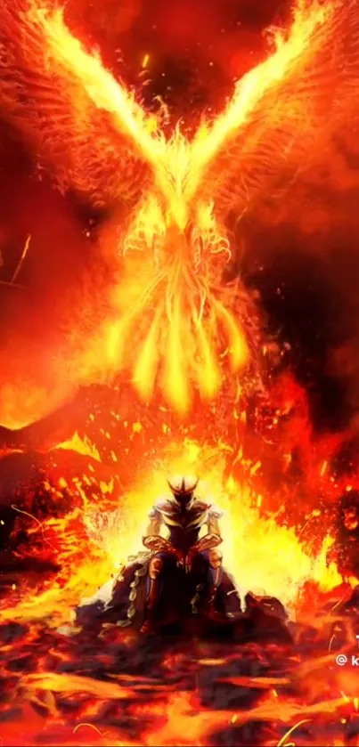 Epic phoenix rising from fire in vibrant wallpaper design.