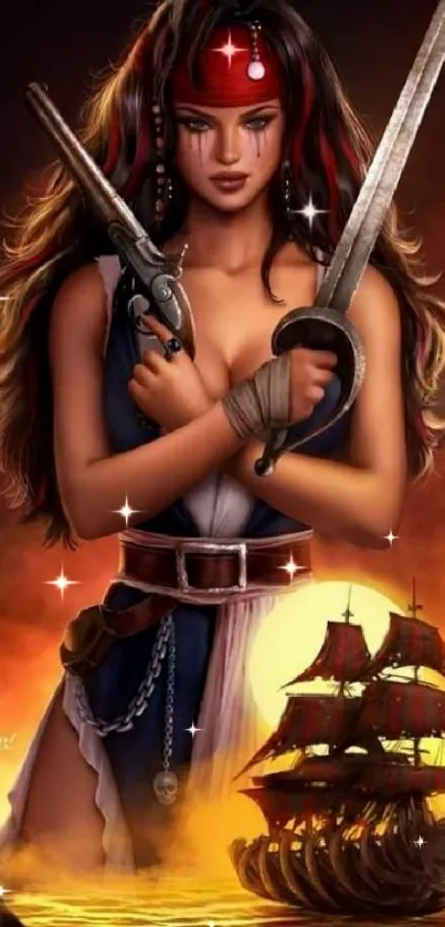 Fierce pirate woman with ship in fantasy artwork.