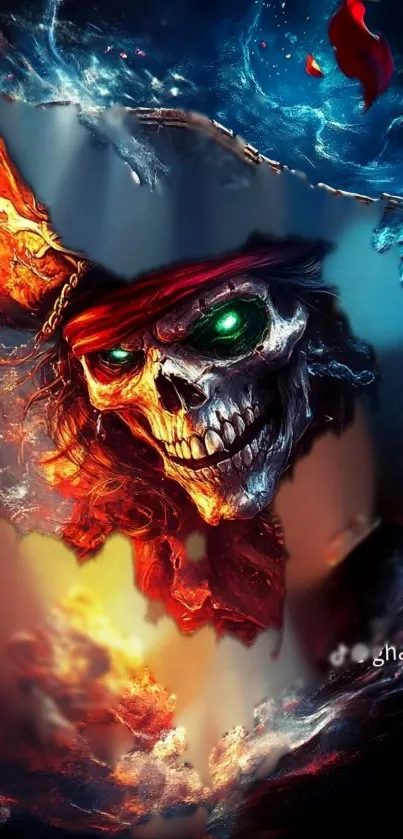 Pirate skull with green eyes fantasy wallpaper