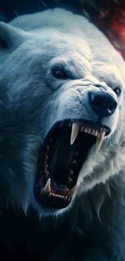 Fierce polar bear roaring in a dramatic scene.