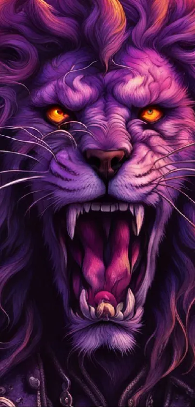 A fierce purple lion with fiery eyes and a detailed mane roars powerfully.