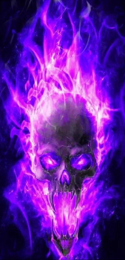 Purple flaming skull on a dark background.