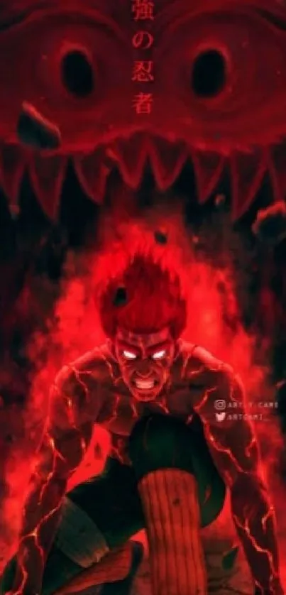 Intense red anime warrior with fiery backdrop.