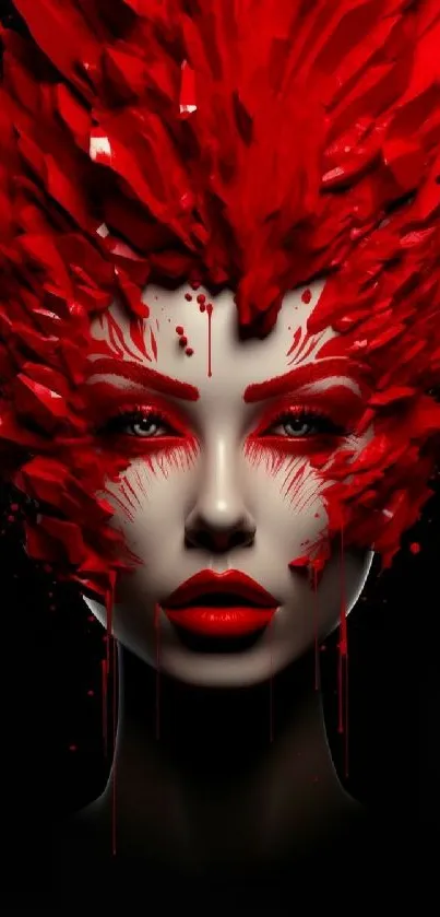 Dynamic red abstract art in a bold female portrait for mobile wallpaper.