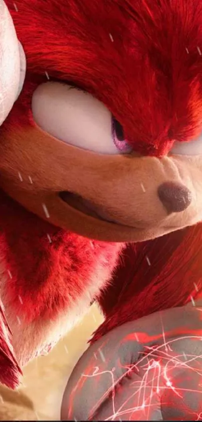 Animated red character with intense expression.