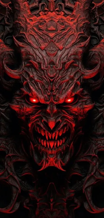 Fierce red demon with glowing eyes on a dark background.