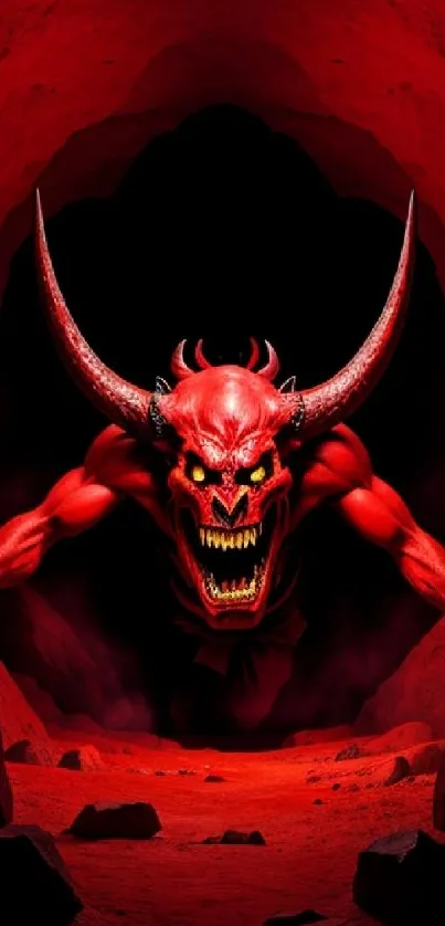 Fierce red demon in a dark cave, vivid and intense wallpaper.