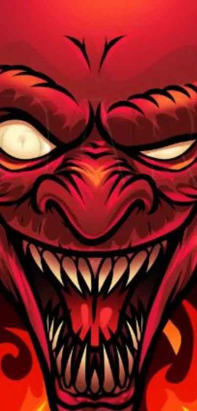 Fiery red demon with fierce expression, dark background.