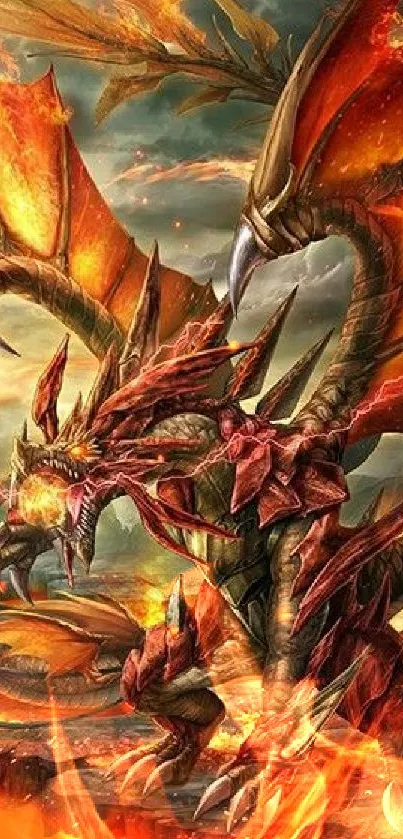 A fierce red dragon with fiery wings in a vibrant fantasy scenery.