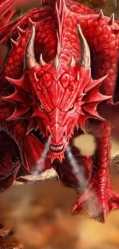 Fierce red dragon with intricate scales and large horns breathing fire.