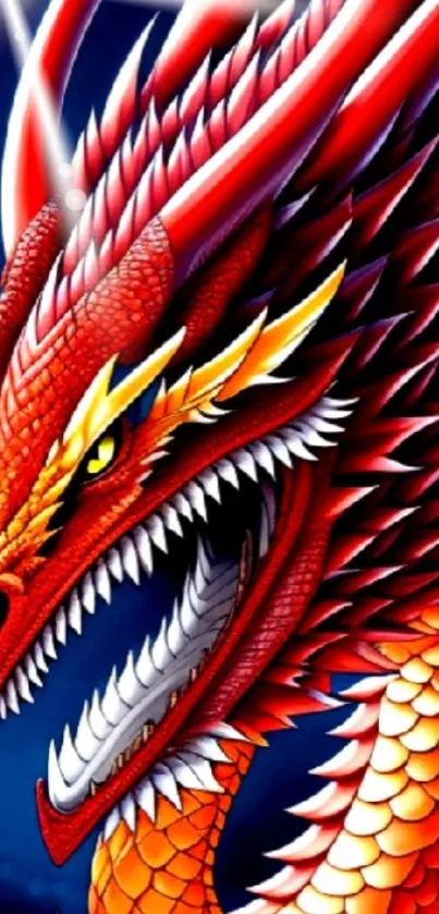 Vibrant red dragon with fierce eyes in digital art.