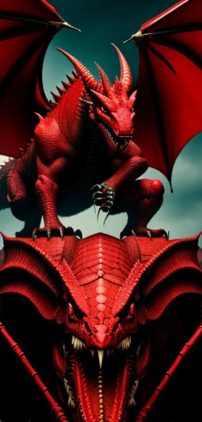 Fierce red dragon with open wings on mobile wallpaper.