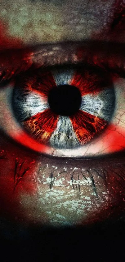 Close-up of an eye with a vibrant red and black design.