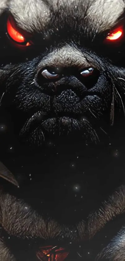 A fierce pug with glowing red eyes on a mobile wallpaper.