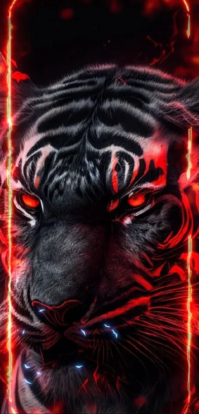 Fierce tiger with red eyes in a dramatic phone wallpaper.