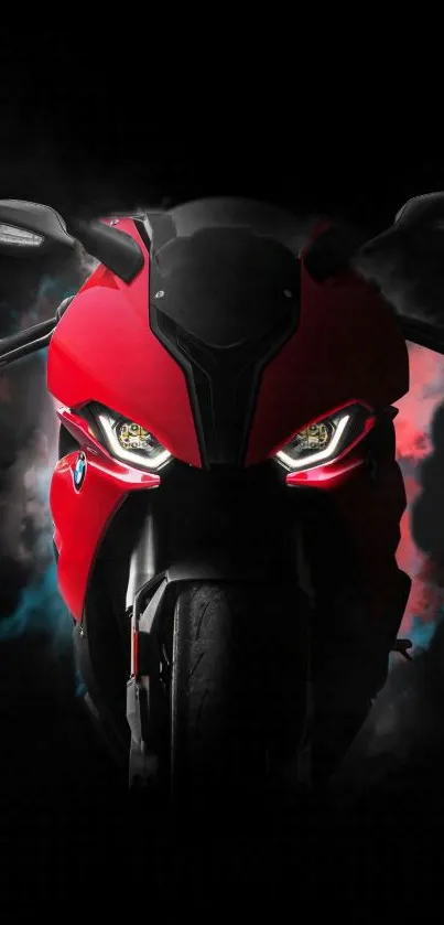 Red motorcycle on a black background, front view scene.