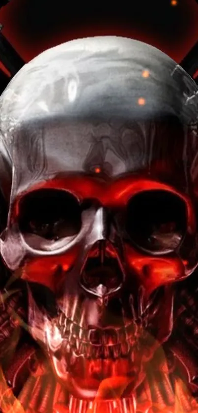 Metallic skull with red glow and flames in bold wallpaper art.