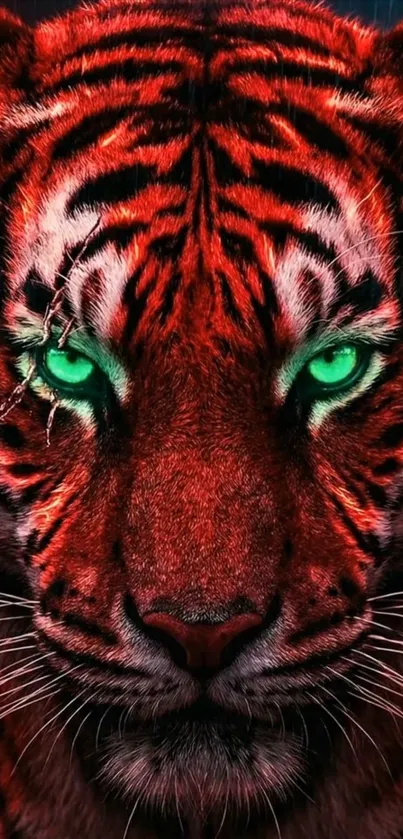 Fierce red tiger with glowing green eyes