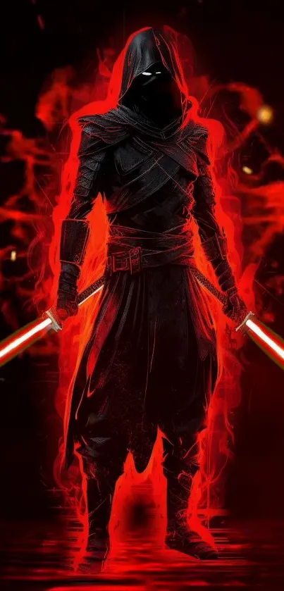 A dark warrior with red lightsabers and a fiery background.