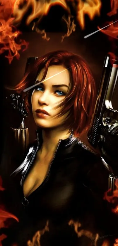 Fierce redhead warrior with guns in fiery setting.