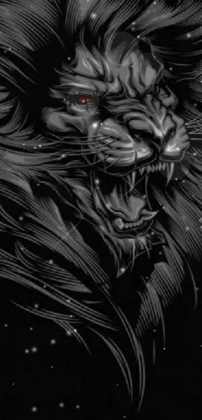 Roaring lion illustration in black and gray tones with red eyes.