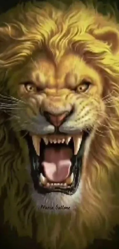 Fierce roaring lion with a golden mane.