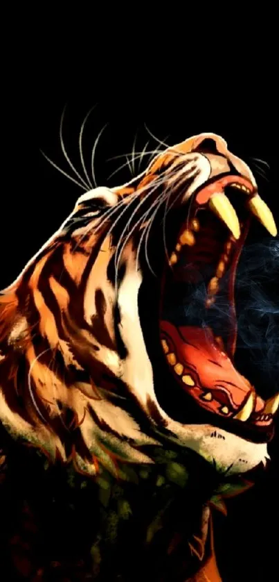 Artistic wallpaper of a roaring tiger with vibrant colors and shadows.