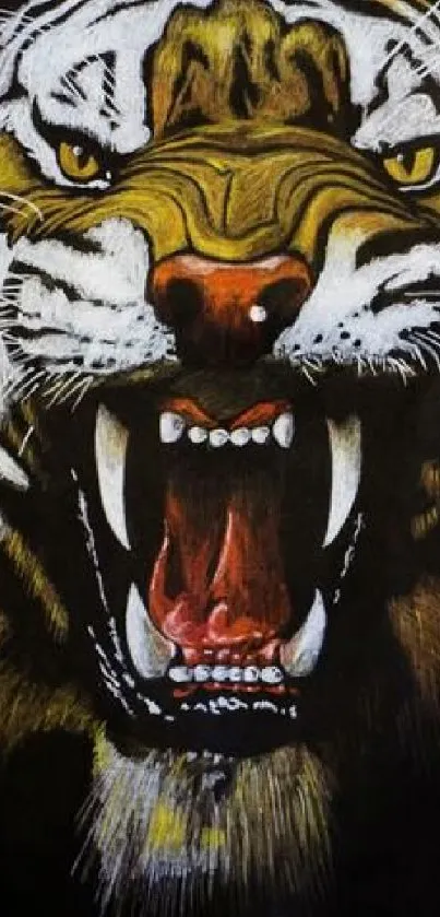 Roaring tiger artwork in dark tones, perfect for mobile wallpaper.